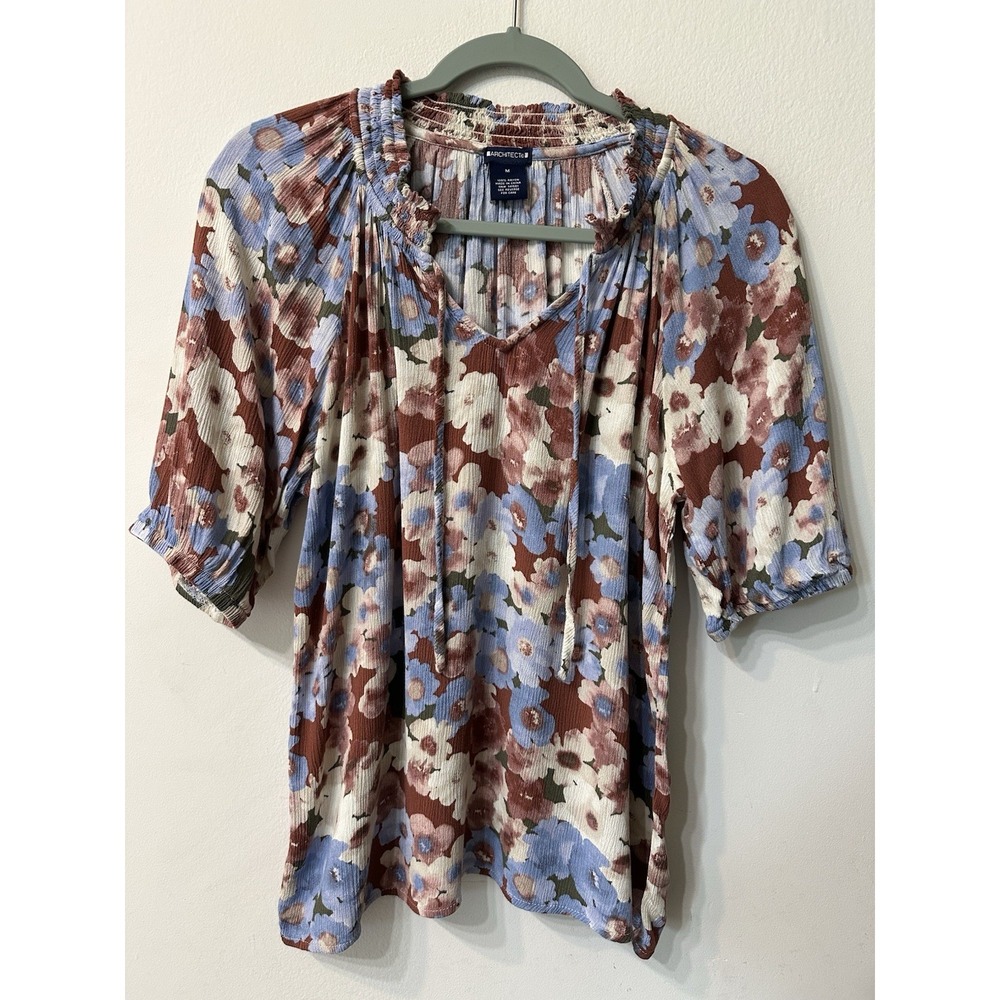 Architect Floral Boho Blouse Top Medium M Rayon Smocked Neck Ties 3/4 Sleeve